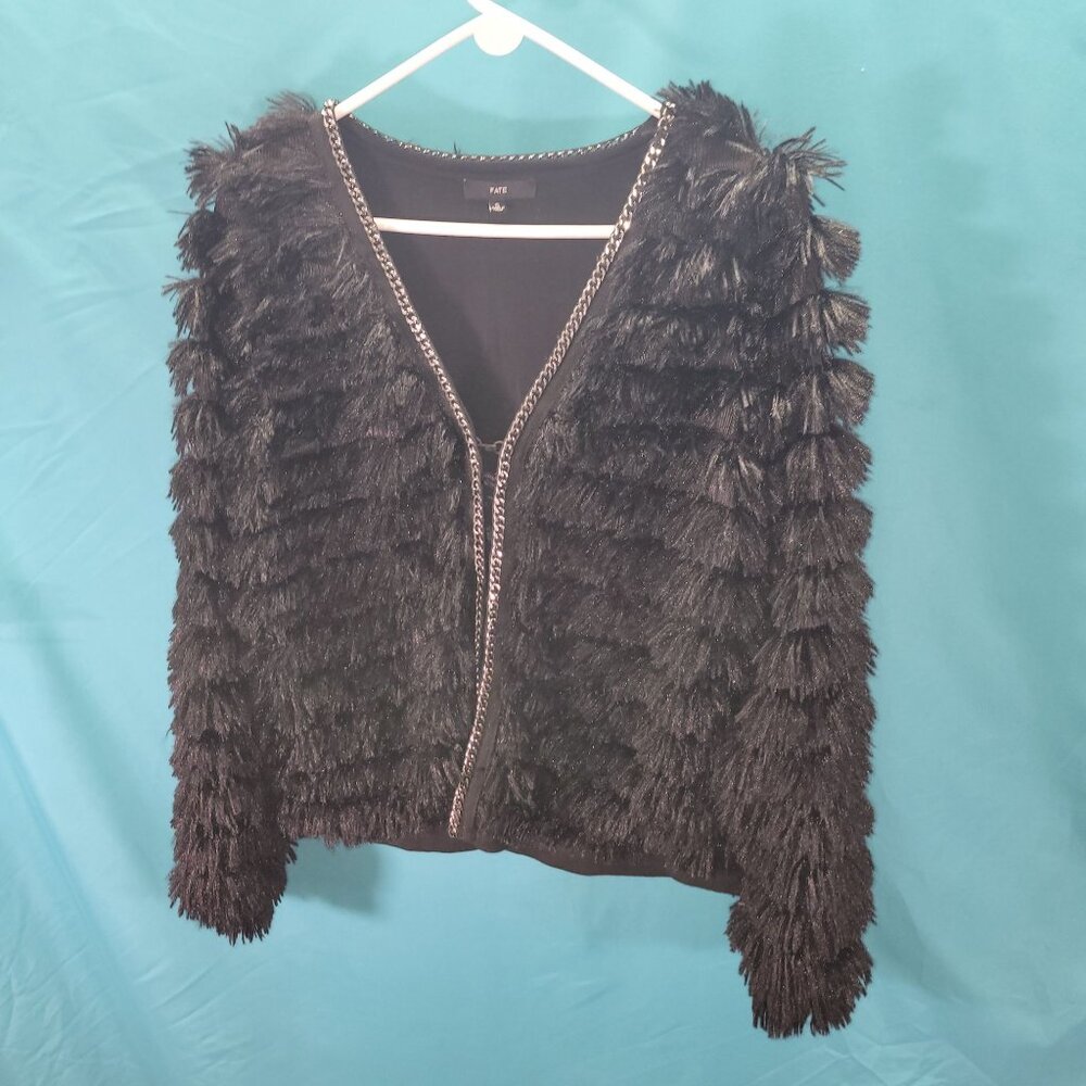 Fate Womens Black Faux Fur Jacket With Chain Trim Size S